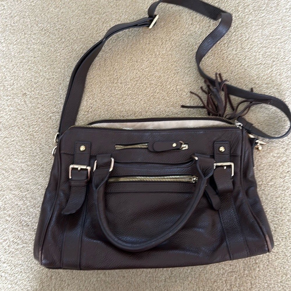 Rich brown leather satchel/crossbody with gold hardware. Gorgeous